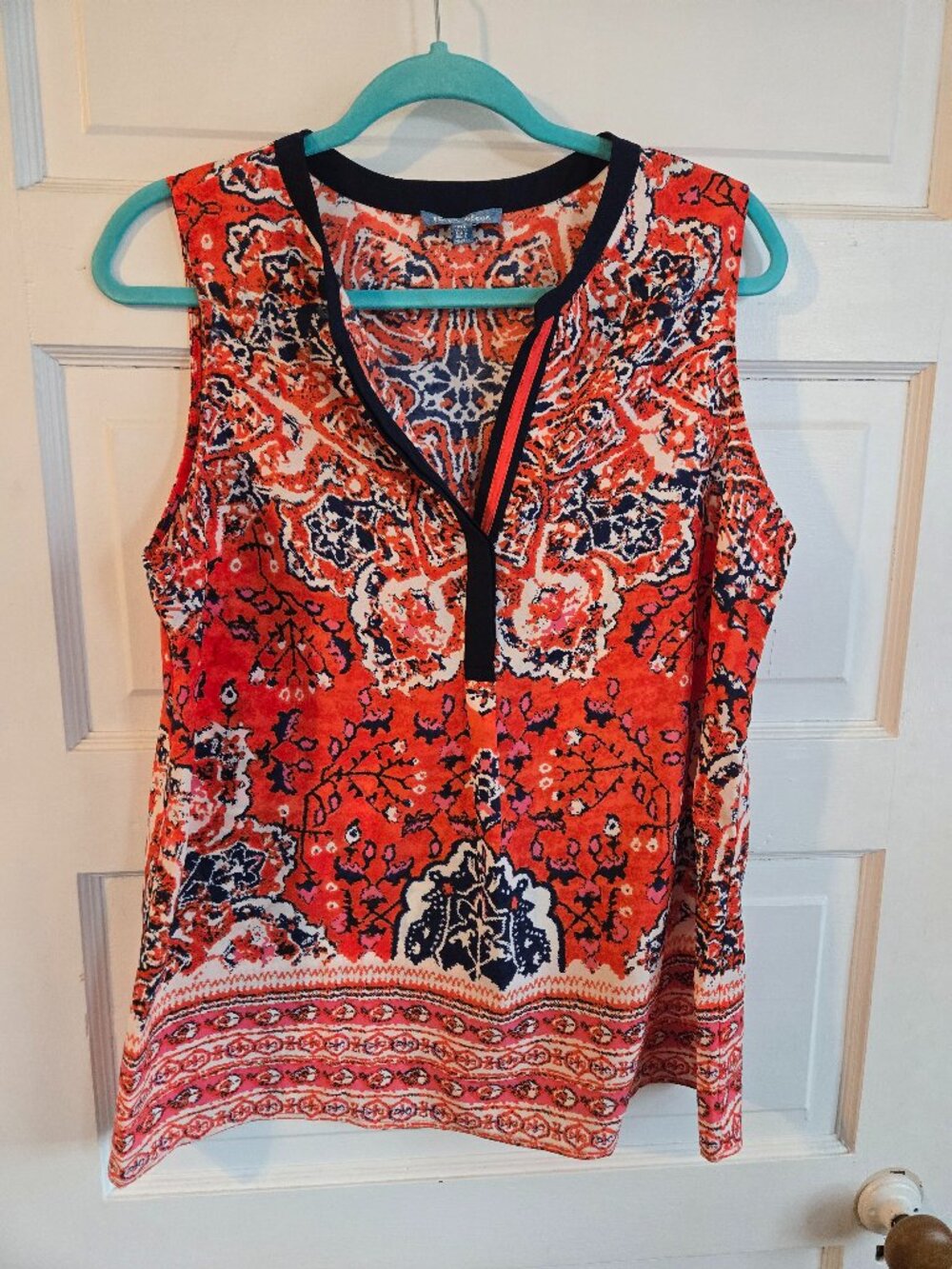 Fleur Bleue Coral & Navy Medallion Boho Sleeveless Blouse - Size L